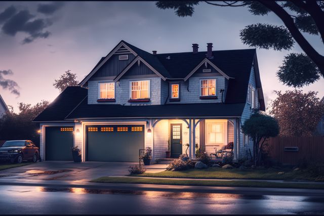 This image depicts a suburban house at dusk with warm lights glowing from the windows and porch, creating a cozy and inviting atmosphere. The house features a spacious driveway leading to a two-car garage, a well-manicured lawn, and tall trees adding to the picturesque setting. Ideal for real estate advertisements, home improvement promotions, lifestyle blogs, and articles about family living or suburban life.