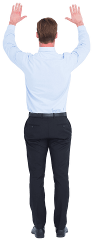 Transparent Rear View of Businessman Raising Hands up in Gesture