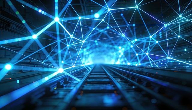 Futuristic digital tunnel with glowing rail tracks and network mesh conveying data flow