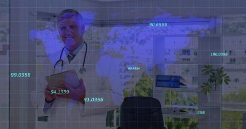 Smiling Doctor with Tablet and Digital World Map Data Overlay