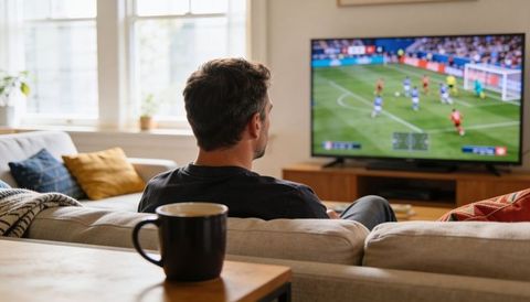 Man watching soccer on tv at home on sofa with coffee mug cozy daylight living room