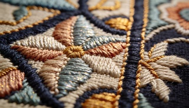 Embroidered floral mosaic featuring satin stitch petals, metallic gold highlights, navy cord