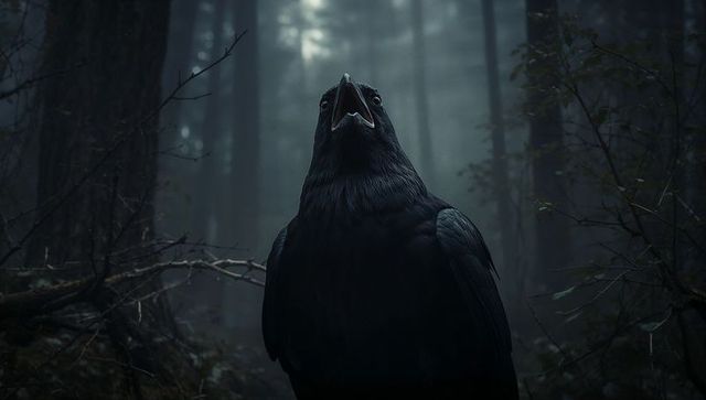 Majestic Raven Calling in Mysterious Misty Forest