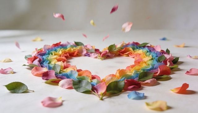 Rainbow heart made of rose petals and green leaves on soft pale tabletop with falling petals