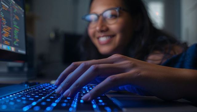 Smiling student coding late typing on blue backlit keyboard laptop monitor showing code