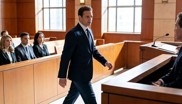Attorney walking down courtroom aisle toward lectern microphone during trial