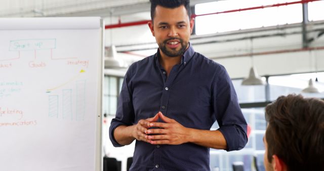 Businessman standing near a whiteboard, explaining marketing strategy to colleagues. Office environment with modern decor and industrial roofing, creating a professional yet casual atmosphere. Ideal for illustrating business meetings, presentations, marketing and teamwork in a corporate or startup setting.