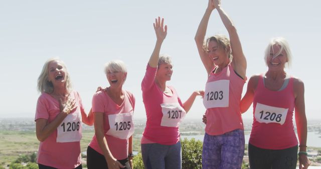 Group of senior women celebrating after completing a marathon, wearing pink shirts and race bibs. Smiling and raising hands in joy, standing outdoors in a beautiful natural scenery. Ideal for promoting active lifestyles, fitness events, senior health programs, and women's sports activities.