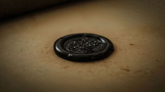 Close-up of decorative black wax seal on vintage parchment