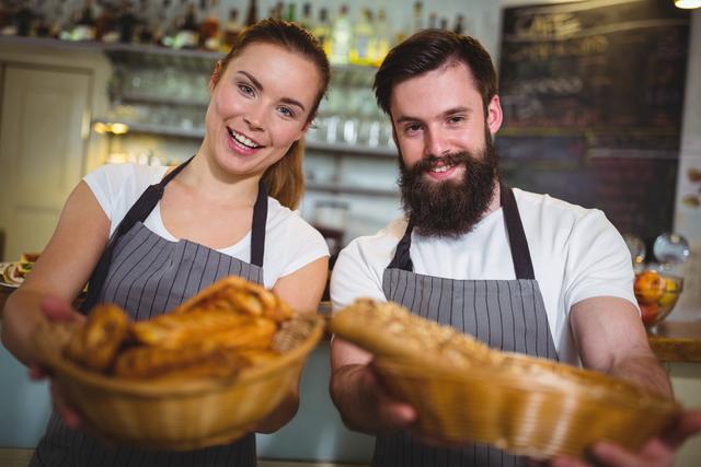 Portrait of waiter and waitress holding a basket of bread in cafÃ©