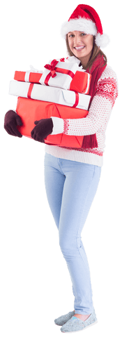 Excited Woman Holding Gift Boxes Wearing Christmas Attire on Transparent Background