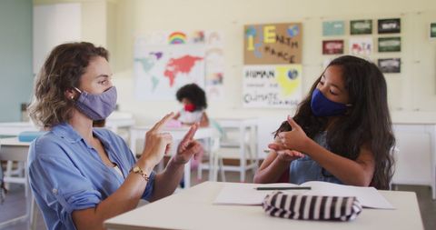 Masked Teacher Sign Language Education in Classroom - Download Free Stock Images Pikwizard.com