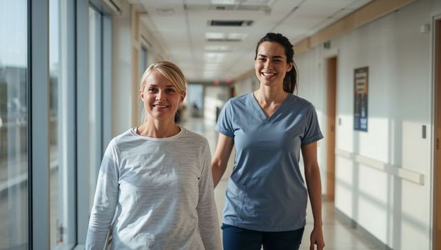 Nurse supporting patient walking in sunlit hospital corridor smiling during rehabilitation