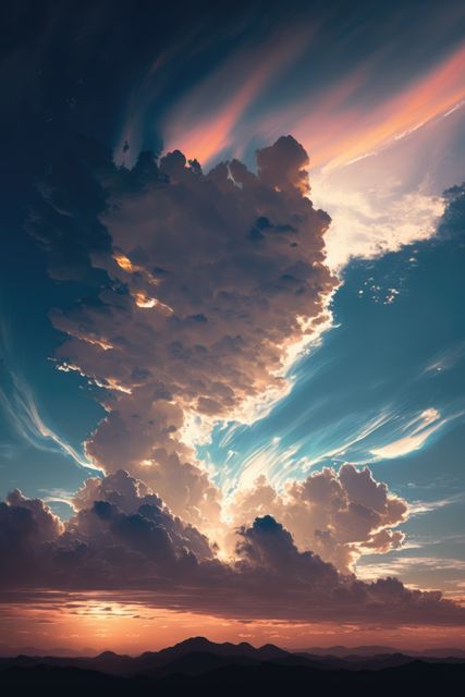 This image captures a dramatic cloud formation illuminated by the colors of the setting sun, with a mountain range in silhouette below. Great for nature blogs, travel websites, weather-related content, and promotional material for outdoor activities. The striking lighting and coloration make it suitable for desktop wallpapers and inspirational posters.