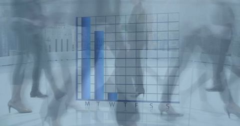 Business Graph Overlay on Timelapse of Busy Office Foot Traffic