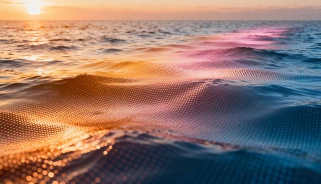 Sunset ocean glowing with dotted digital mesh flowing across waves reflecting golden light