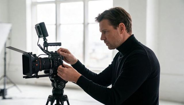 Cinematographer adjusting professional cinema camera rig with matte box and external monitor