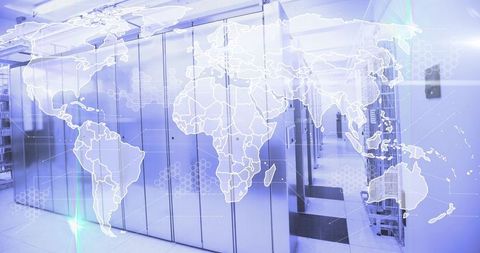 Modern data center with global technology network map