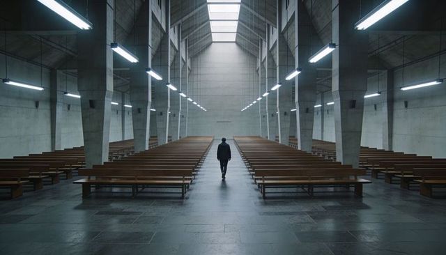 Walking alone down central aisle in minimal concrete chapel with skylight and symmetry