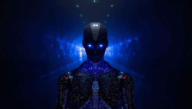 Standing android featuring glowing blue eyes and lit chest circuitry in futuristic tunnel