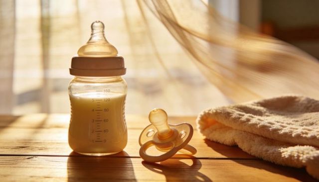 Sunlight bathing baby bottle and pacifier on wooden table for cozy morning feeding