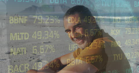 Investor Relaxing at Beach with Stock Market Overlay
