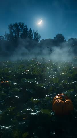 Moonlit pumpkin patch with swirling fog and crescent moon vertical video for spooky autumn