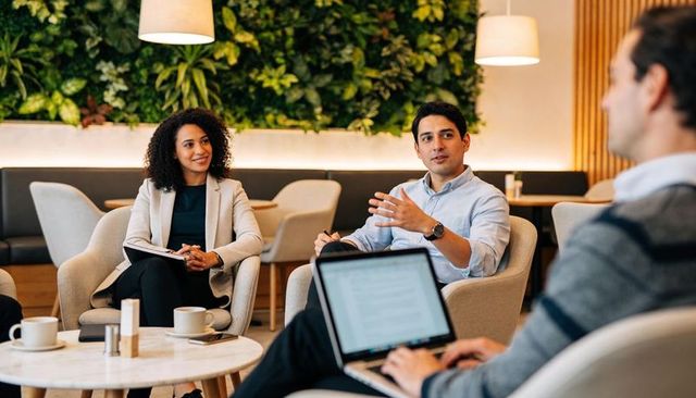 Business team collaborating in modern office lounge with plant wall and casual meeting
