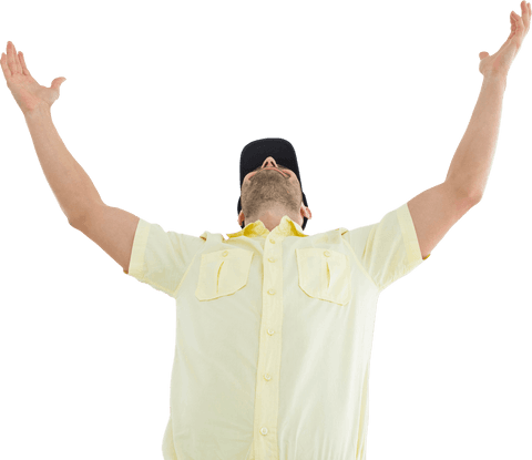 Cheerful caucasian man holding arms up on transparent background
