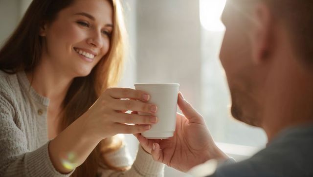 Smiling woman handing warm cup to partner in sunlit cozy morning at home, natural light
