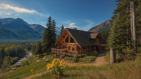 Rustic log cabin overlooking mountain valley with deck, stream and wildflower hillside