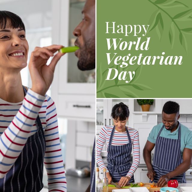 Square image of world vegetarian day text with diverse couple cooking. World vegetarian day campaign.