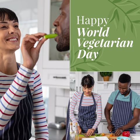 Square image of world vegetarian day text with diverse couple cooking. World vegetarian day campaign.