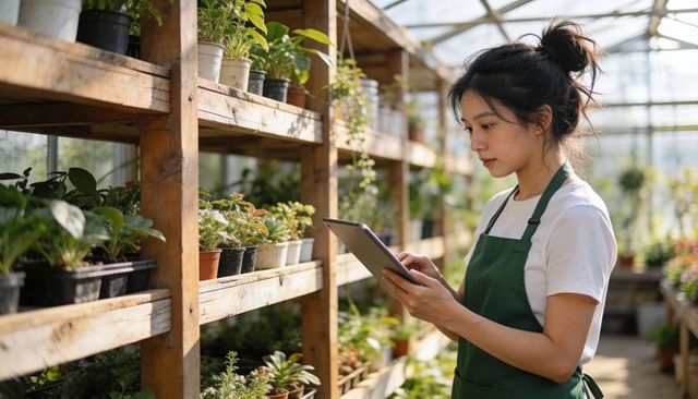 Nursery worker inspecting plants with tablet on wooden shelves in sunlit greenhouse