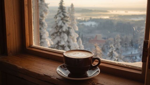 Latte resting on cabin windowsill overlooking snowy pine valley at sunrise