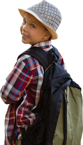 Smiling child with backpack wearing hat and plaid shirt transparent background