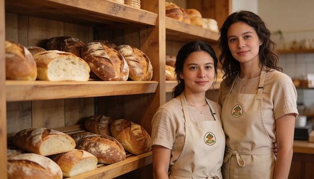 Two Female Bakers Standing in Rustic Bakery with Sourdough Loaves on Wooden Shelves