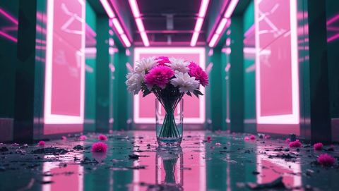 Futuristic Corridor with Vibrant Flowers and Soft Radiance