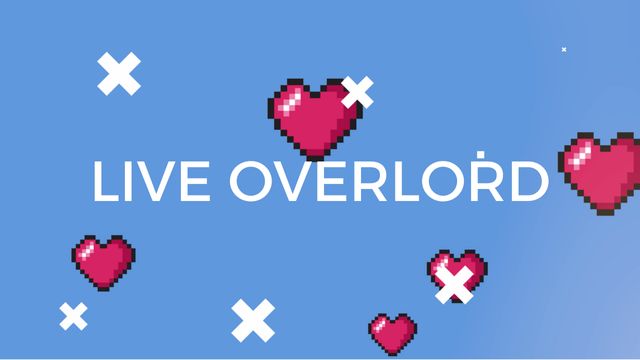 Pixelated hearts and white crosses scattered over blue background with Live Overlord text. Ideal for digital gaming events, retro-style design projects, and playful love-themed announcements.