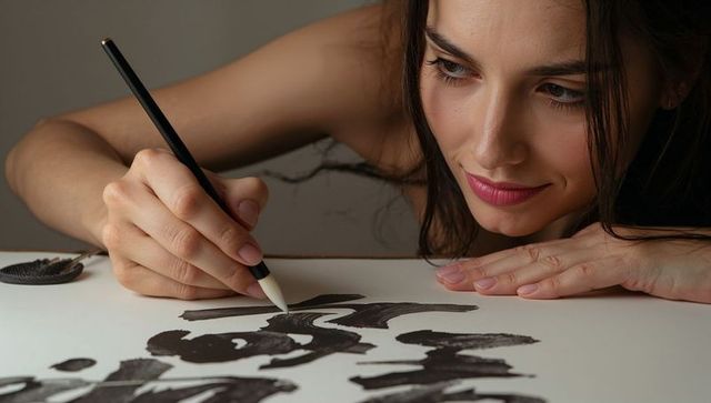 Focused artist painting bold black ink calligraphy with long brush on white paper
