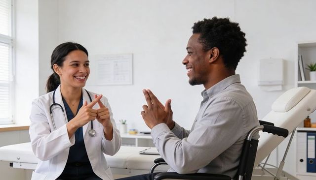 Doctor and wheelchair patient communicating with hand gestures in bright clinic