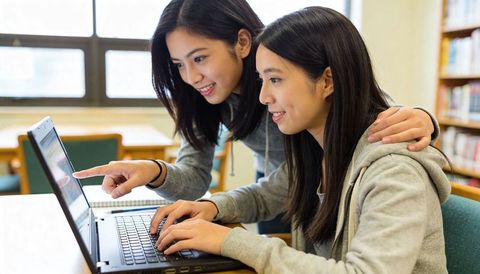 Teen students collaborating on laptop in school library, studying and researching together
