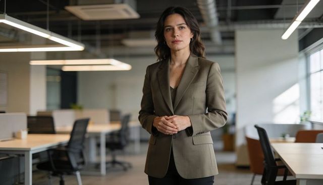 Confident businesswoman standing in modern open-plan office wearing olive blazer