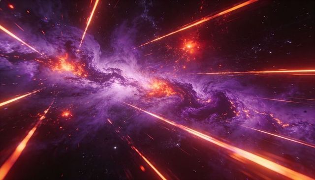 Swirling violet nebula emitting amber flares and radiant light streaks across space