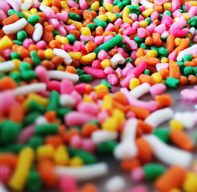 Close up of multiple colorful sweet sprinkles over blurred background. Sweets, colour and decorations concept.