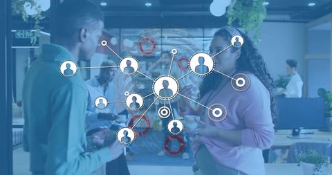 Coworkers Connecting Over Coffee in Open-Plan Workspace with Network Overlay Collaboration