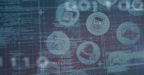 Futuristic Interface with Business Icons and Digital Code