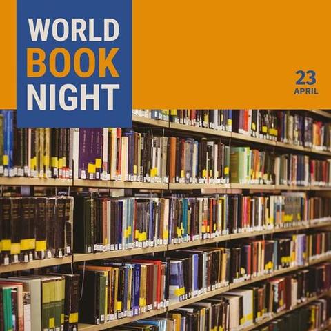 Composition of world book night text over library from Pikwizard