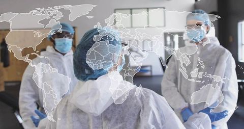 Leading global health briefing wearing PPE and sterile suits with world map overlay