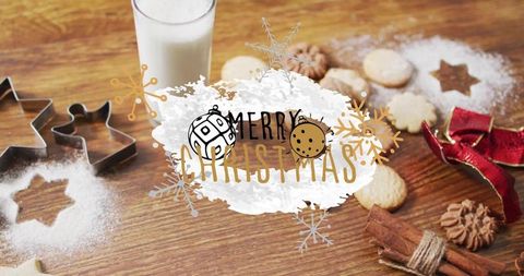 Rustic christmas baking scene with powdered sugar stars, cookies, milk and cinnamon